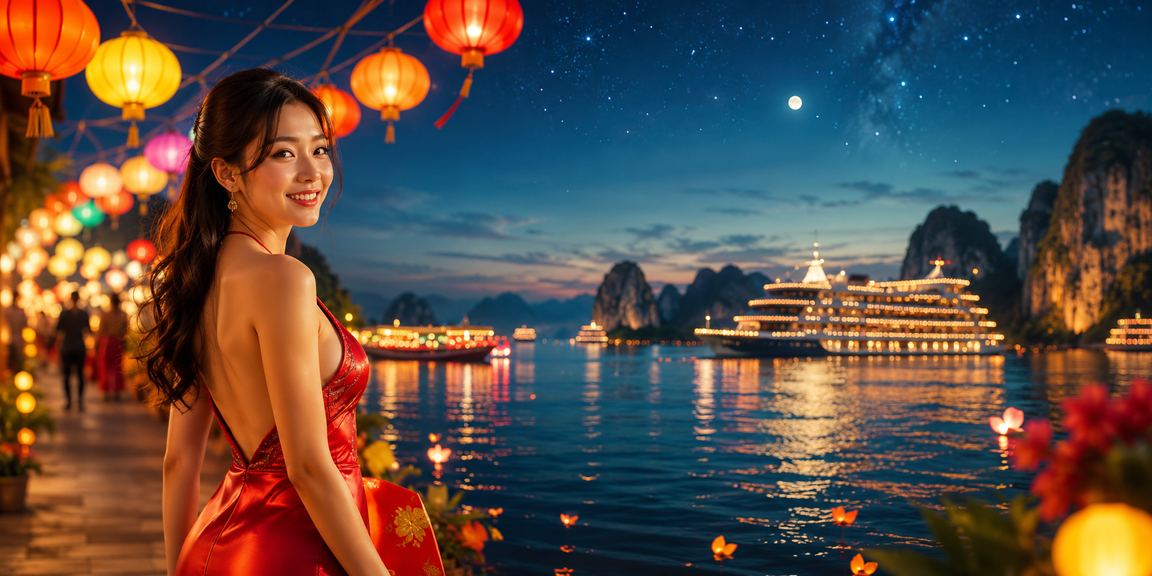 Không khí theo dõi thể thao buổi tối tại chợ đêm Hạ Long bên vịnh biển